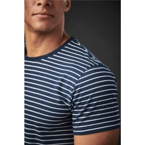 A close-up of a men's crew neck tee in navy with white stripes, featuring a fitted silhouette and branding.