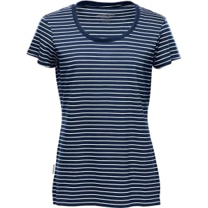 A navy and white striped women's crew neck t-shirt with short sleeves and a logo on the side.