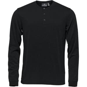 A black long-sleeve Henley shirt featuring a three-button placket and a subtle logo.