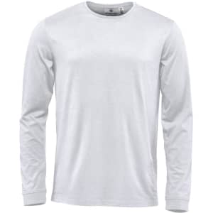 A light grey long-sleeve t-shirt with a round neckline and a logo on the label.