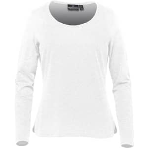 A white long-sleeve women's t-shirt with a round neckline and a branded tag inside.