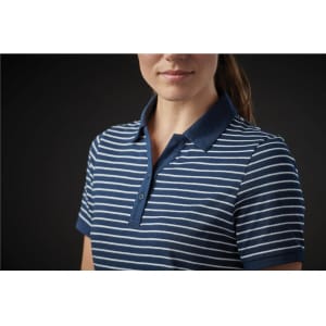 A women's polo shirt in navy blue with white horizontal stripes, featuring a collar and buttons.