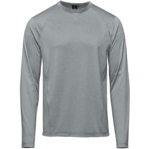 A long-sleeve grey t-shirt designed for men, featuring a sleek, athletic fit and a logo.