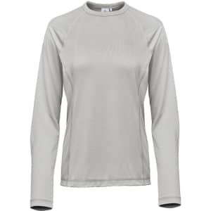 A long-sleeved women's tee in a light grey colour, featuring a rounded neckline and a logo.
