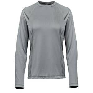 A long-sleeve women's T-shirt in a soft grey colour, featuring a round neckline and subtle branding.