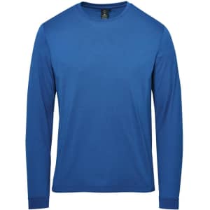 A blue long-sleeve T-shirt with a round neckline and a logo on the label.