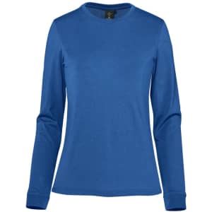 A women's long-sleeve tee in solid blue, featuring a rounded neckline and a logo.