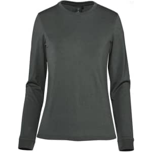 A women's long sleeve tee in dark green, featuring a simple design and a logo.