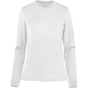 A long-sleeve white women's tee featuring a round neck and fitted sleeves. The shirt includes a brand logo.