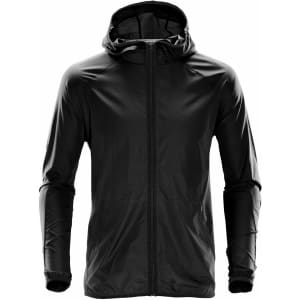 A black hooded rain jacket with a zip front and side pockets, featuring a logo on the sleeve.