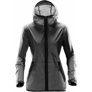 A women's hooded shell jacket in grey, featuring a zippered front and side pockets. It has a logo on it.