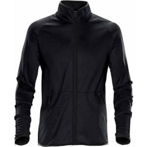 A black fleece jacket featuring a high neck, zip front, and two zippered pockets, with a logo on the side.