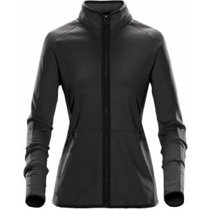 A women's polar fleece jacket in black with a full zip, high collar, and side pockets. Features a logo.