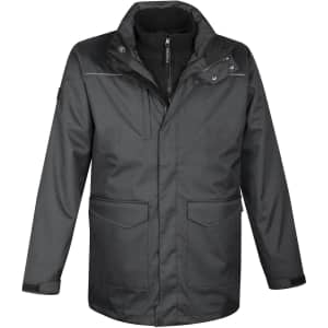 A dark green men's parka featuring a zip front, multiple pockets, and a collar, with a logo on the sleeve.
