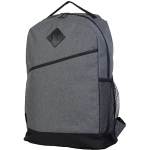 A grey backpack with a diamond-shaped logo, featuring a mesh side pocket and a sleek design.