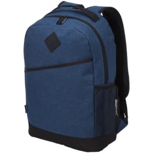 A blue backpack with black accents, featuring a logo and adjustable straps. Ideal for everyday use.