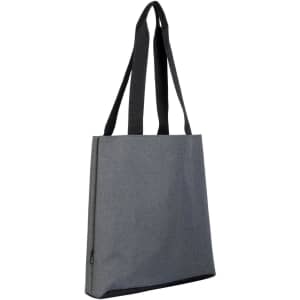 A grey tote bag with black straps and a branding logo on the side, featuring a simple, minimalist design.