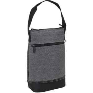 A drink bottle cooler featuring a grey fabric exterior with a black bottom and an adjustable shoulder strap.