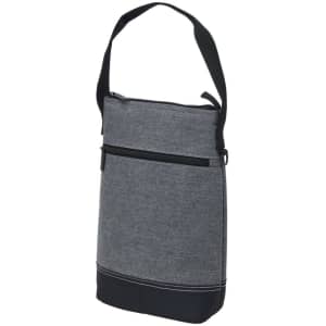 A drink bottle cooler in grey fabric with a black bottom and a shoulder strap. Features a zippered closure and a branding logo.