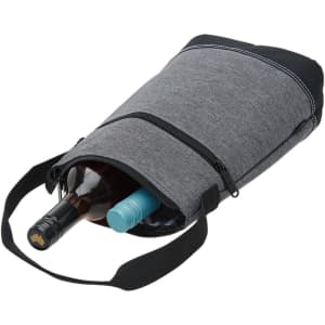 A drink bottle cooler in grey fabric, featuring two compartments for bottles and a black strap.