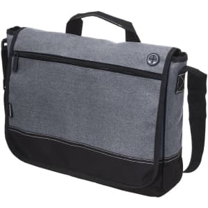 A grey and black laptop satchel with a front pocket and an adjustable shoulder strap, featuring a logo.