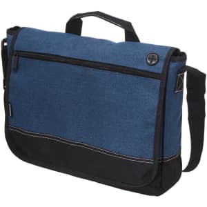 A blue and black laptop satchel featuring a front zip pocket and an adjustable strap, with a logo on the front.