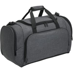 A grey duffle bag with black accents, featuring a handle and zippers, and has a branding logo.