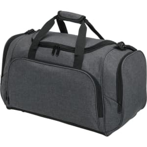 A grey duffle bag with dual handles and a shoulder strap, featuring multiple compartments and a logo.