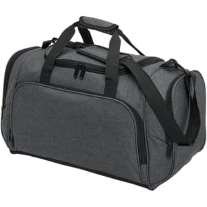 A grey duffle bag with dual handles and a removable shoulder strap, featuring a zippered compartment.