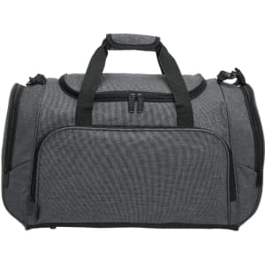A grey duffle bag with zipped compartments and dual handles, featuring a branding logo.