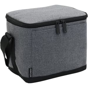 A grey cooler bag with a zip closure and a sturdy handle for easy carrying. Features a logo on the side.