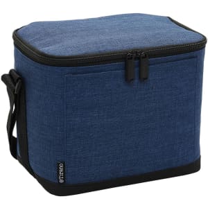 A blue cooler bag with a zippered top and a black trim, featuring a shoulder strap and a logo.