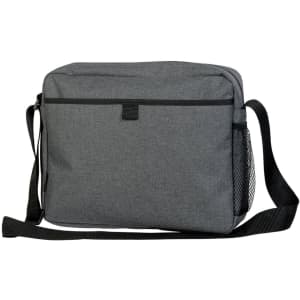 A grey satchel with a front pocket, adjustable shoulder strap, and side mesh pocket. Features a logo.