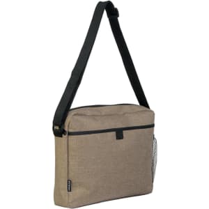 A tan satchel bag with a black strap and a mesh pocket on the side, featuring a logo.