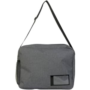A grey satchel bag with a single adjustable strap and a mesh side pocket, featuring a blank area for branding.