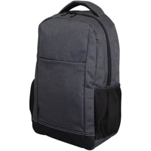 A black and grey laptop backpack with a zipper closure and side mesh pockets. It features a logo on the front.