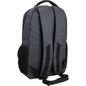 A grey laptop backpack featuring padded straps and side mesh pockets. It has a sleek and modern design.