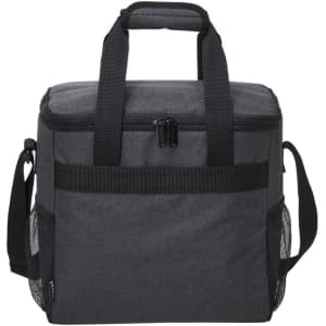 A grey cooler bag with dual handles, a detachable shoulder strap, and mesh side pockets. It features a zippered closure and branding.
