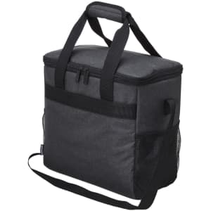 A grey cooler bag with a zippered top, handles, and a side mesh pocket. Features a logo.