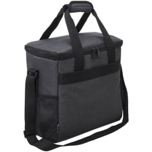 A charcoal grey cooler bag with dual handles, a shoulder strap, and a side mesh pocket. It features a branded logo.