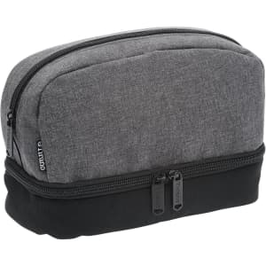 A grey and black toiletry bag with a rounded top and dual zip closures, featuring a logo.