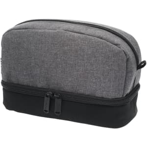 A grey and black toiletry bag featuring dual zippers and a sleek design, with a branding logo.