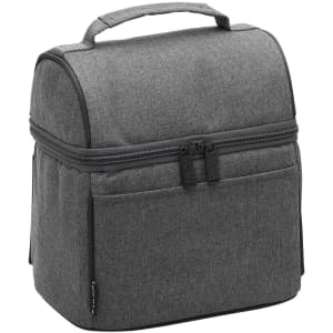 A grey insulated lunch cooler bag with a zip closure and front pocket, featuring a sturdy handle and branding.