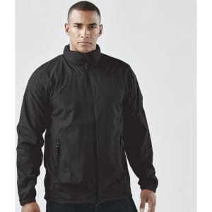 A black men's rain jacket with a zip front and side pockets, featuring a logo on the chest.