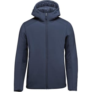 A navy puffer jacket featuring a hood and a front zip closure. The jacket has a simple design and includes a logo.