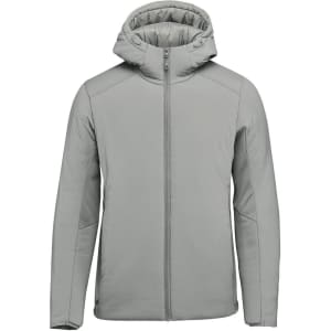 A men's puffer jacket in light grey with a hood and zip front, featuring a logo on the chest.
