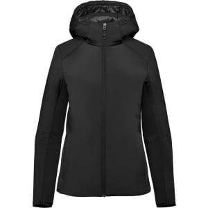 A black women's puffer jacket with a hood, featuring a sleek design and a logo on the front.
