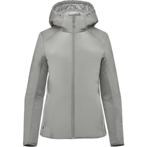 A grey Women's Cascadia Thermal Jacket with a hood and zipper, featuring a logo on the chest.