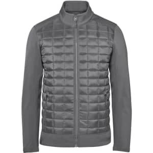 A grey men's thermal softshell jacket featuring a quilted front and smooth sleeves, with a zip closure and a collar.