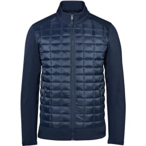 A navy blue men's softshell jacket featuring a quilted front and a zippered closure. It has a logo on it.